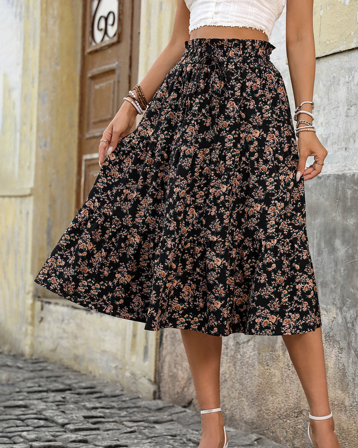 Ditsy Floral Tiered Midi Skirt - Black - 2
