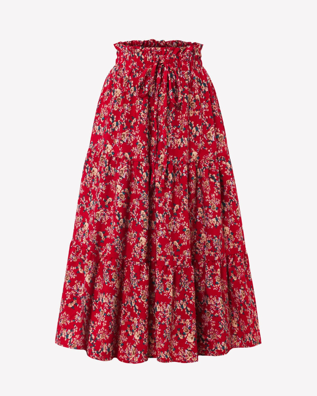Ditsy Floral Tiered Midi Skirt - Red