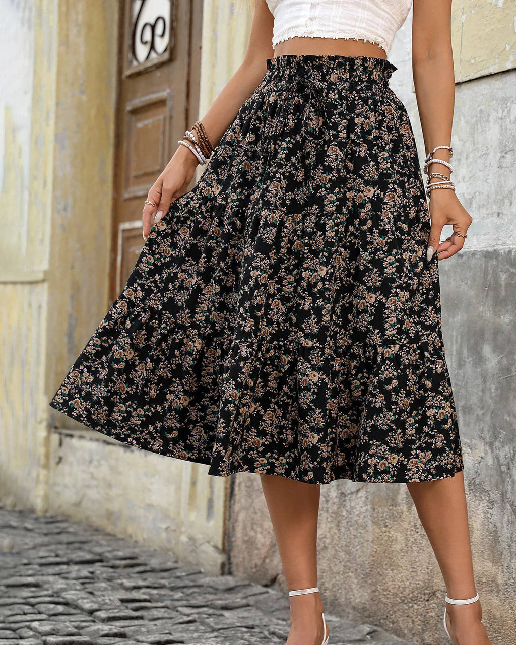 Ditsy Floral Tiered Midi Skirt