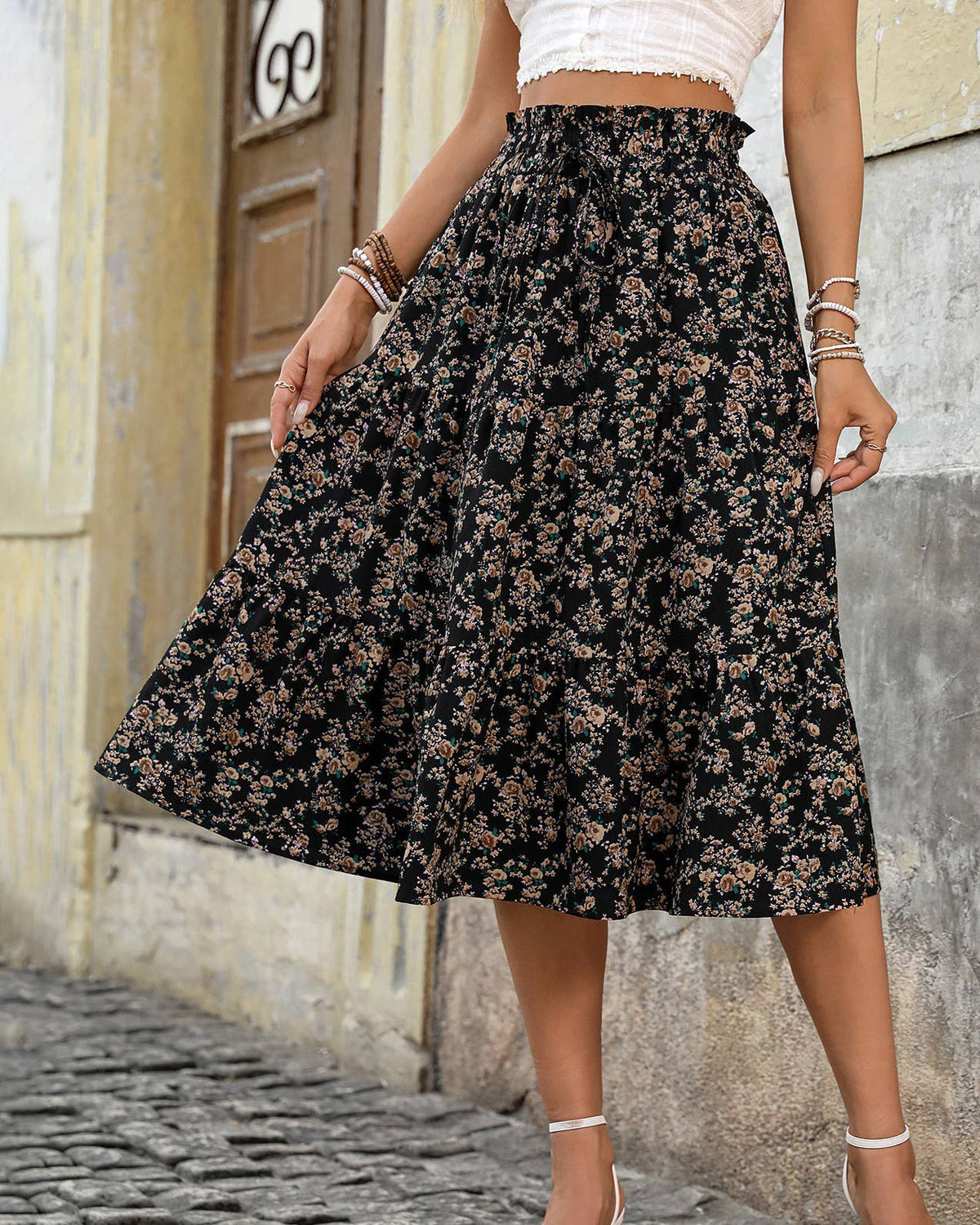 Ditsy Floral Tiered Midi Skirt