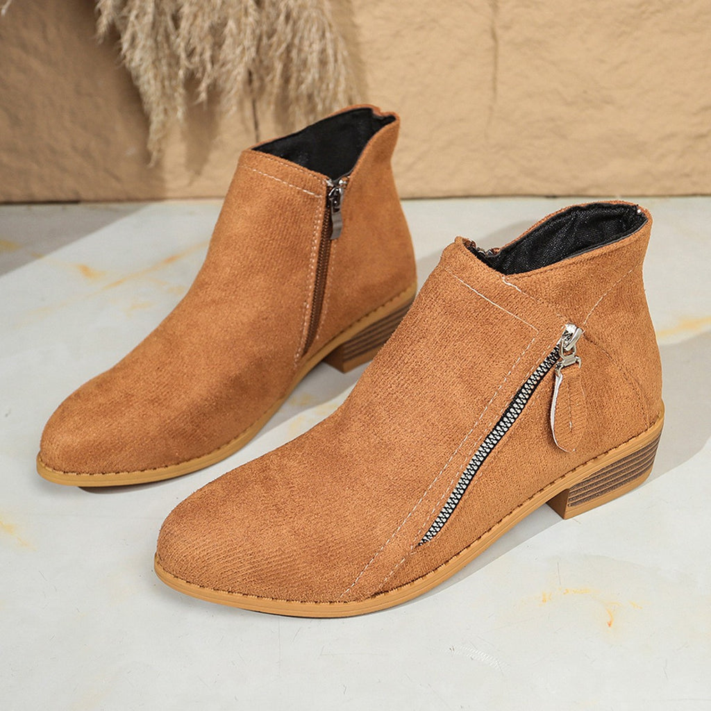 Faux Suede Side Zip Stacked Heel Ankle Boots - Camel