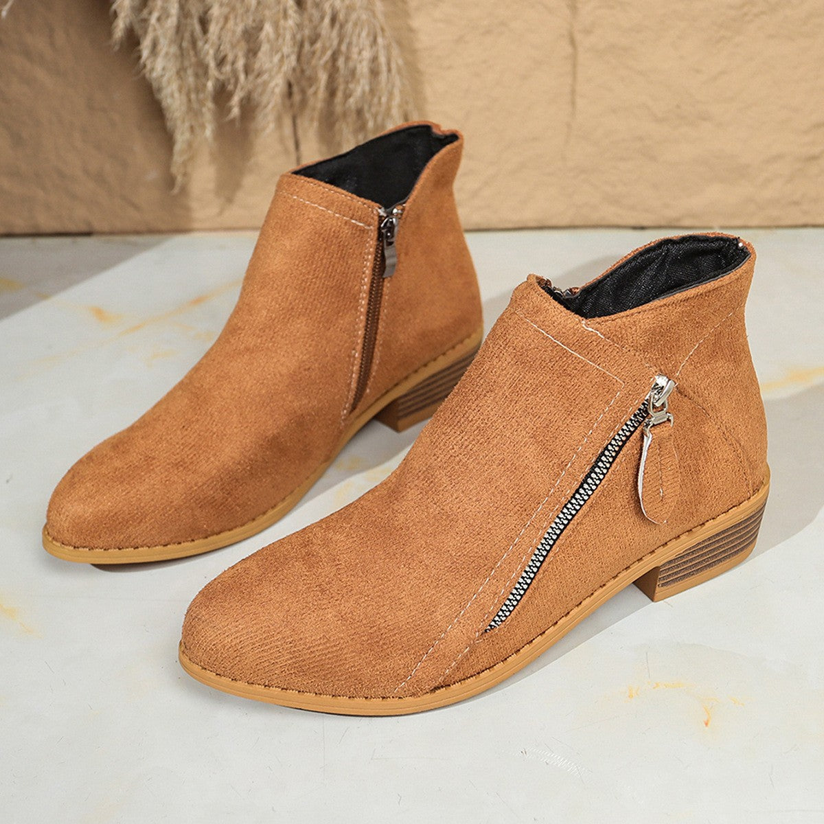 Faux Suede Side Zip Stacked Heel Ankle Boots - Camel