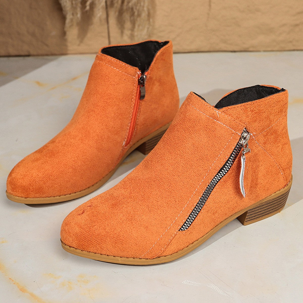 Faux Suede Side Zip Stacked Heel Ankle Boots - Orange