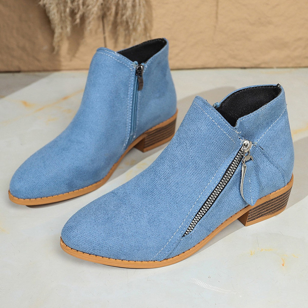 Faux Suede Side Zip Stacked Heel Ankle Boots - Sky Blue