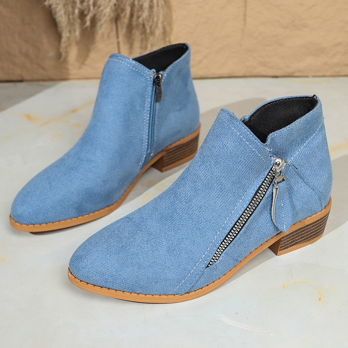 Faux Suede Side Zip Stacked Heel Ankle Boots - Sky Blue