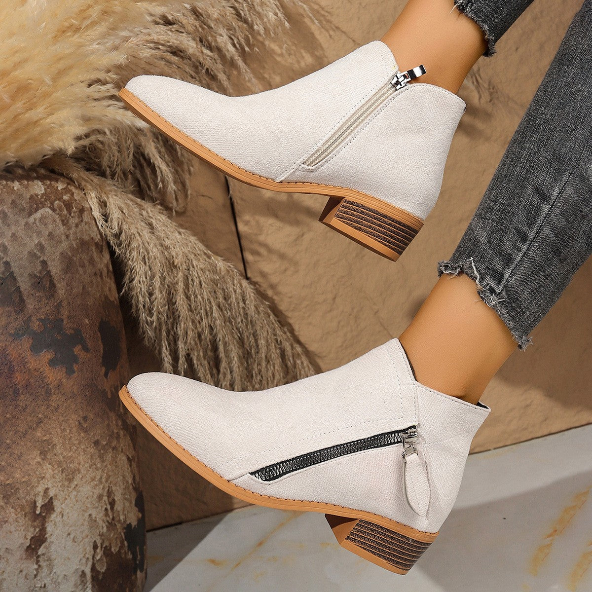 Faux Suede Side Zip Stacked Heel Ankle Boots