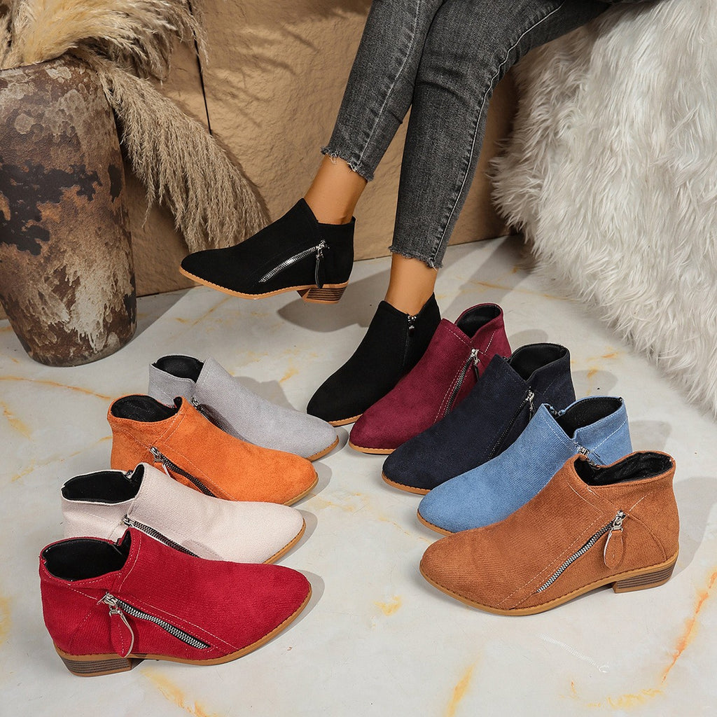 Faux Suede Side Zip Stacked Heel Ankle Boots