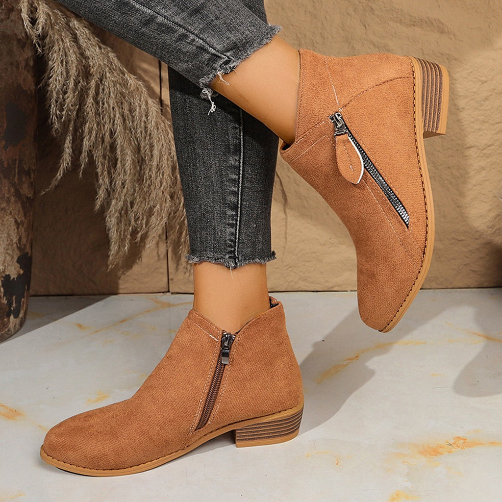 Faux Suede Side Zip Stacked Heel Ankle Boots