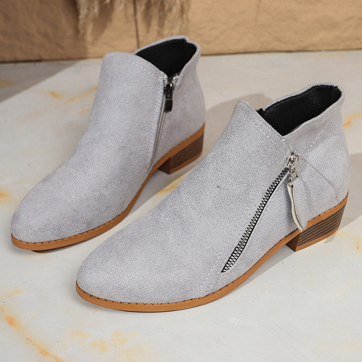 Faux Suede Side Zip Stacked Heel Ankle Boots