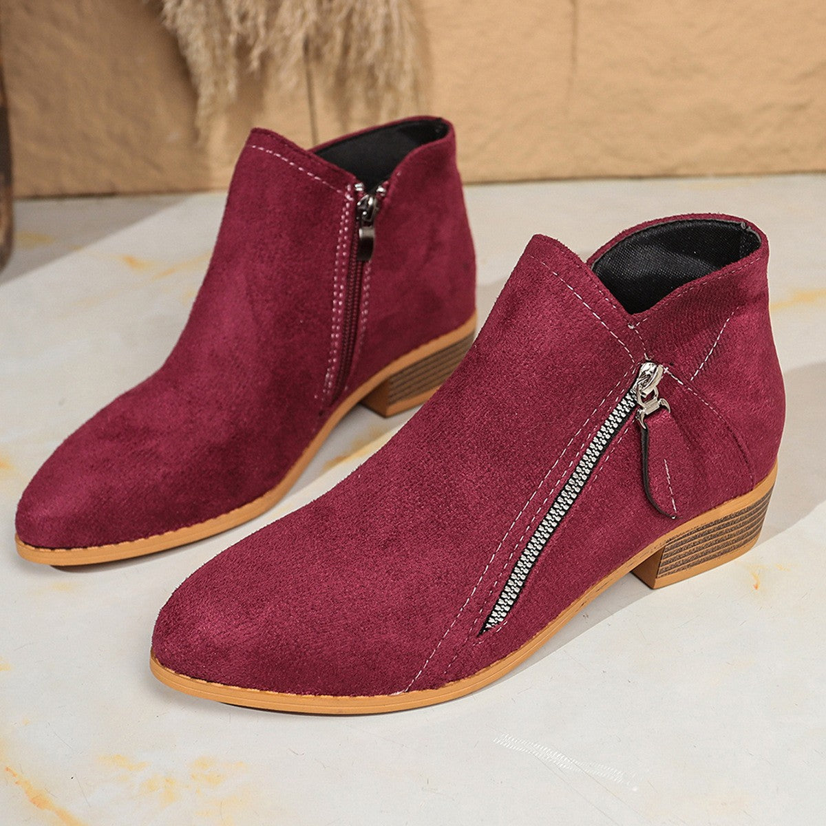 Faux Suede Side Zip Stacked Heel Ankle Boots