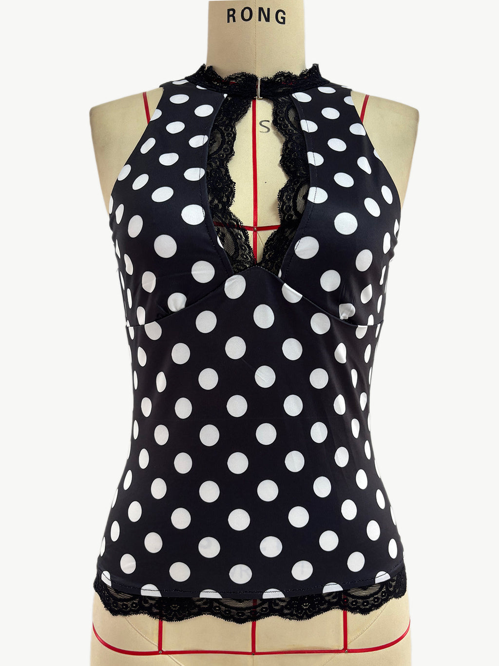 Polka Dot Keyhole Mock Neck Tank Top - Black - 1