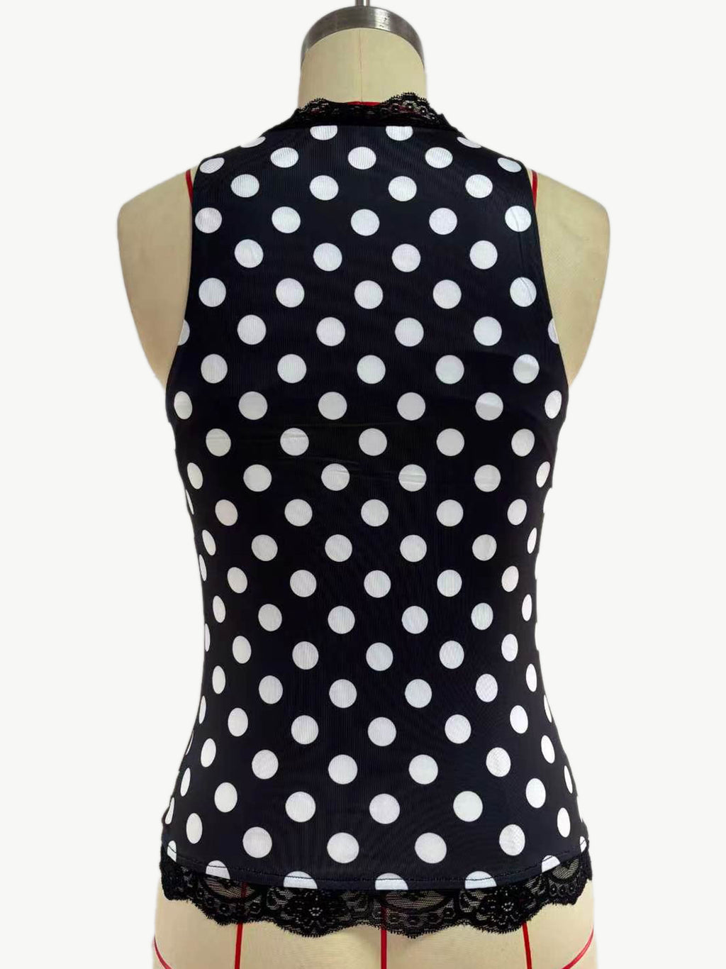 Polka Dot Keyhole Mock Neck Tank Top - Black - 2