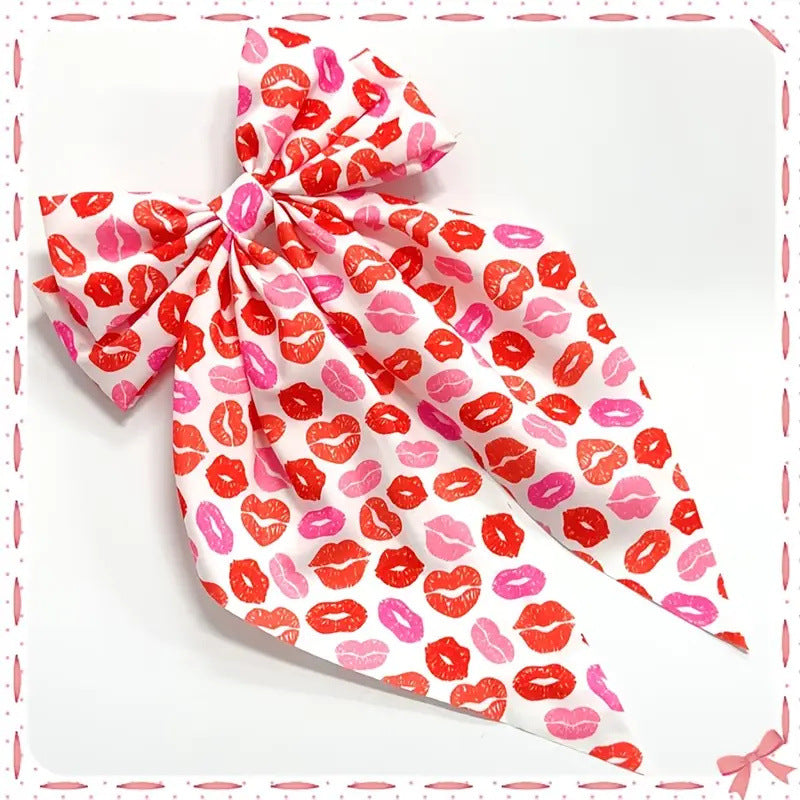 Heart Print Long Tail Bow Barrette - NO01