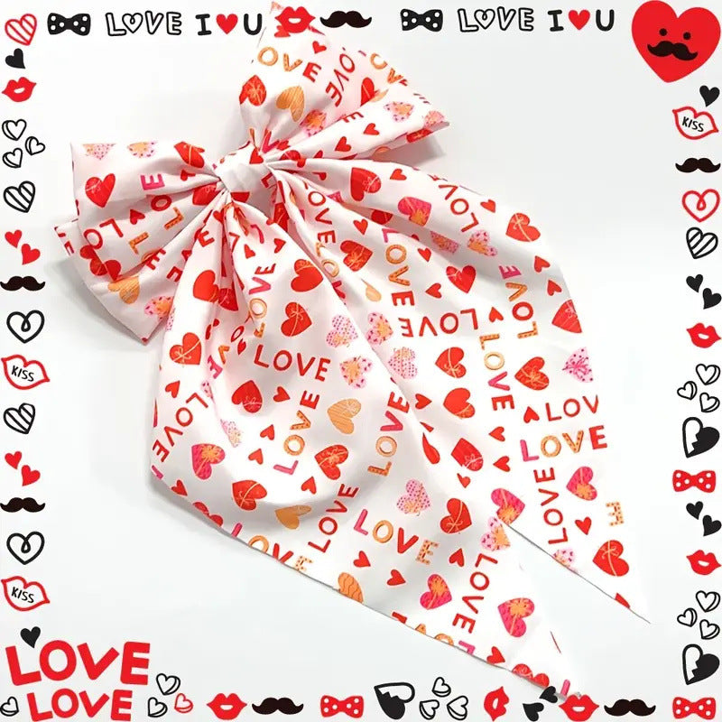 Heart Print Long Tail Bow Barrette - NO02