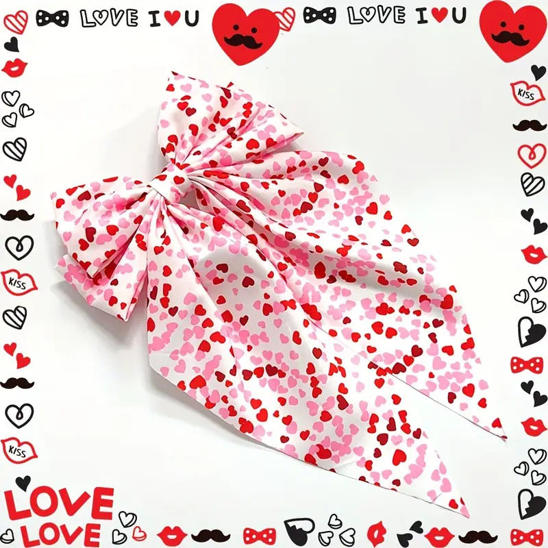Heart Print Long Tail Bow Barrette - NO06