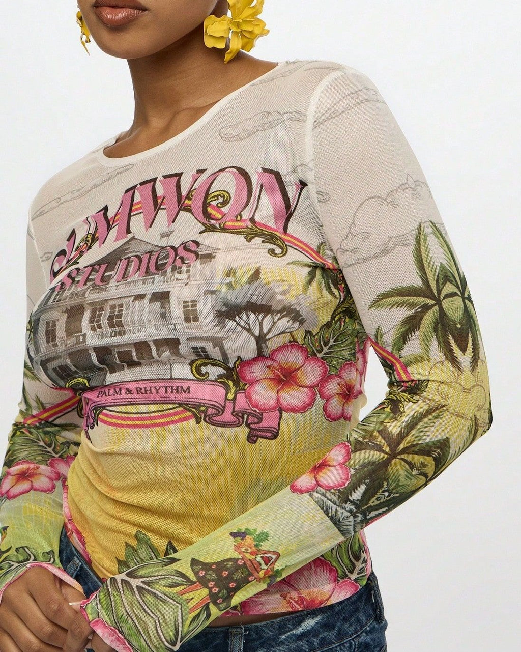 Sheer Mesh Long Sleeve Tee with Retro Tropical Print - White