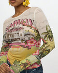 Sheer Mesh Long Sleeve Tee with Retro Tropical Print - White