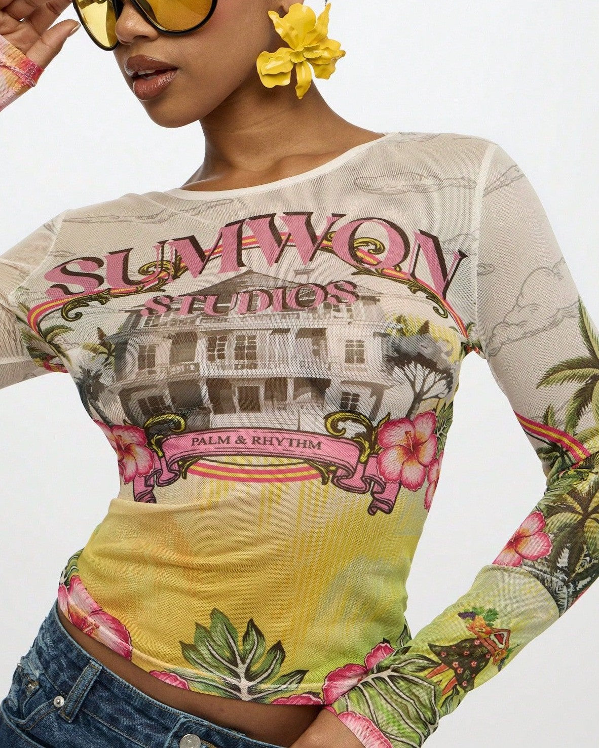 Sheer Mesh Long Sleeve Tee with Retro Tropical Print - White - 1