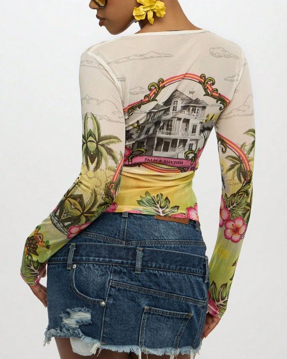 Sheer Mesh Long Sleeve Tee with Retro Tropical Print - White - 2