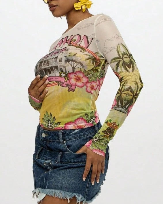 Sheer Mesh Long Sleeve Tee with Retro Tropical Print - White - 3