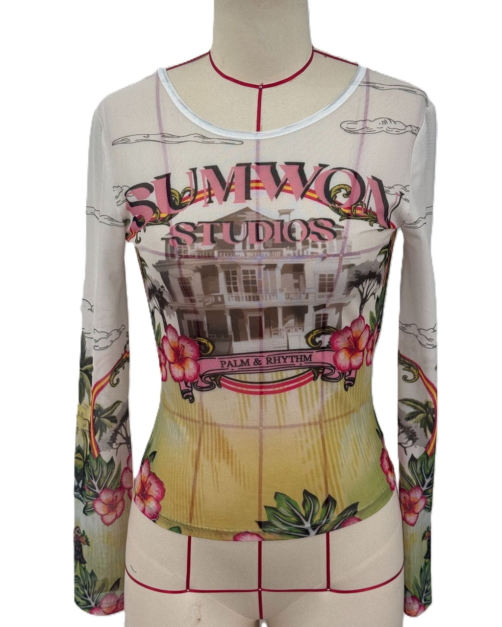 Sheer Mesh Long Sleeve Tee with Retro Tropical Print - White - 4