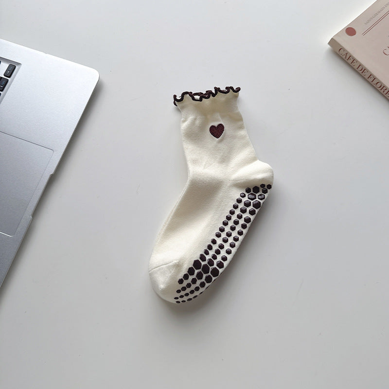 Ribbed Heart Non Slip Grip Socks - Beige