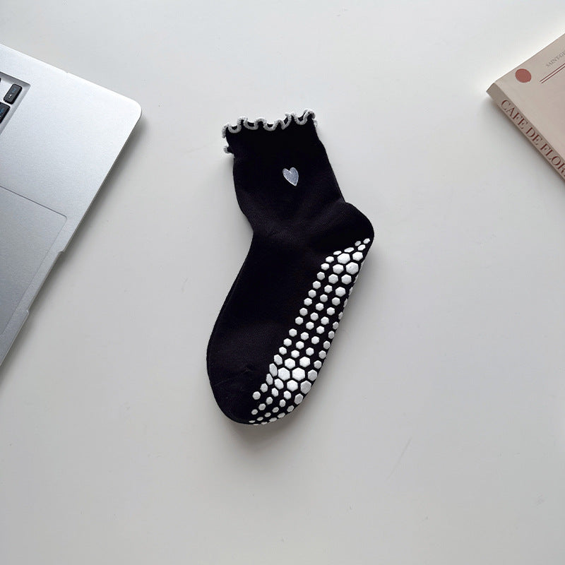 Ribbed Heart Non Slip Grip Socks - Black