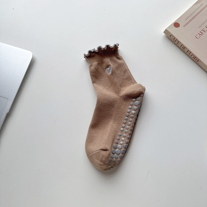 Ribbed Heart Non Slip Grip Socks - Brown