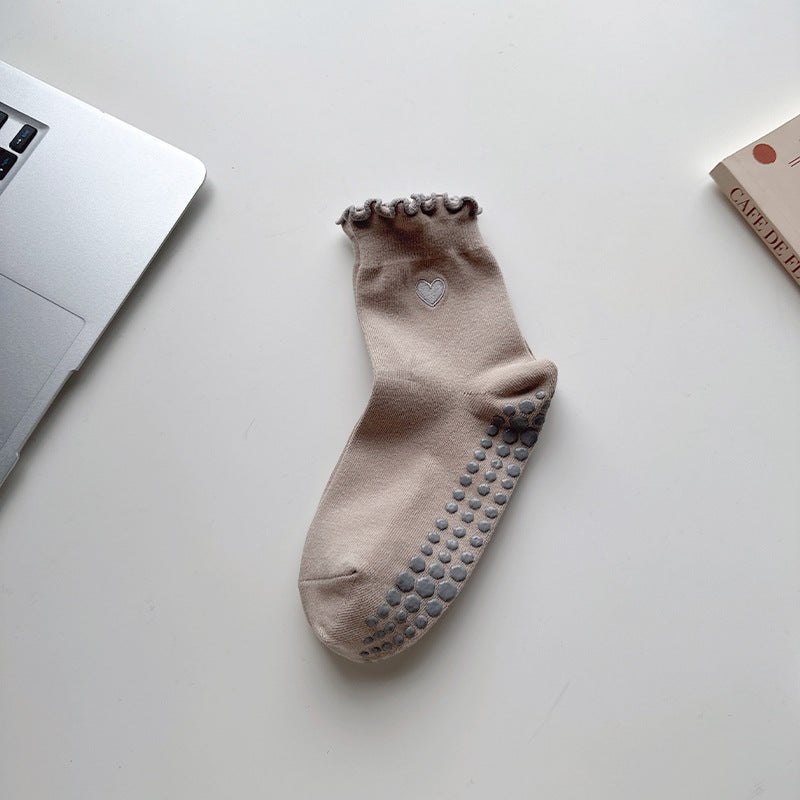 Ribbed Heart Non Slip Grip Socks - Khaki
