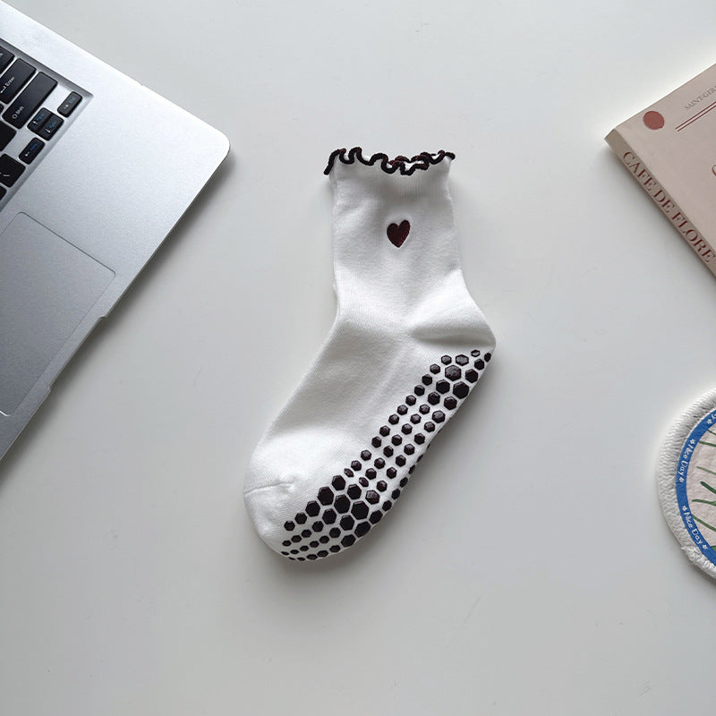 Ribbed Heart Non Slip Grip Socks - White