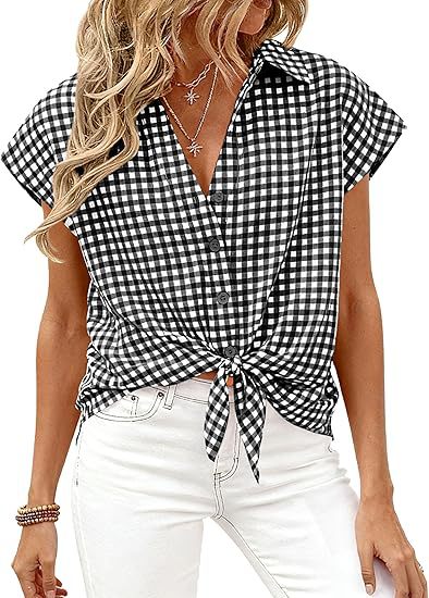 Cap Sleeve Checked Tie Hem Blouse - Black