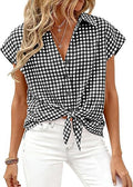 Cap Sleeve Checked Tie Hem Blouse - Black
