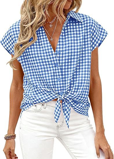 Cap Sleeve Checked Tie Hem Blouse - Blue