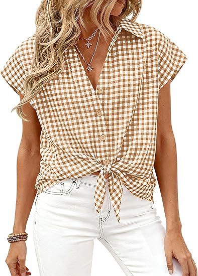 Cap Sleeve Checked Tie Hem Blouse - Khaki