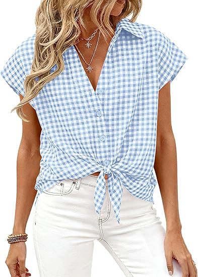 Cap Sleeve Checked Tie Hem Blouse - LightBlue