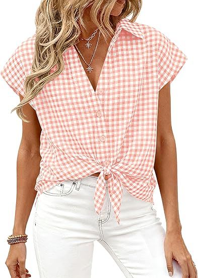 Cap Sleeve Checked Tie Hem Blouse - Pink