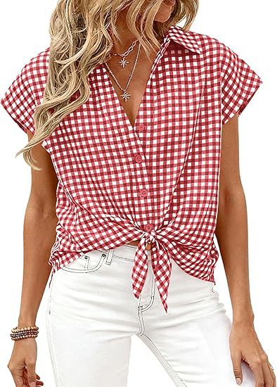 Cap Sleeve Checked Tie Hem Blouse - Red