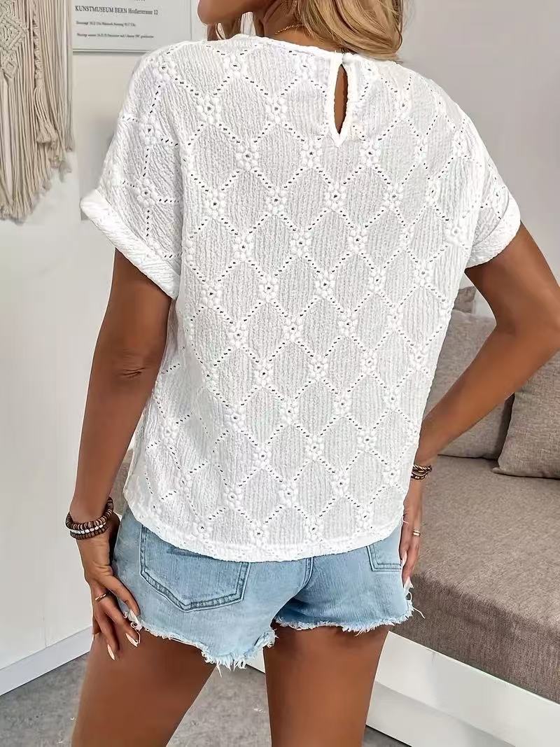 Embroidered Floral Eyelet Knit Tee - White - 1