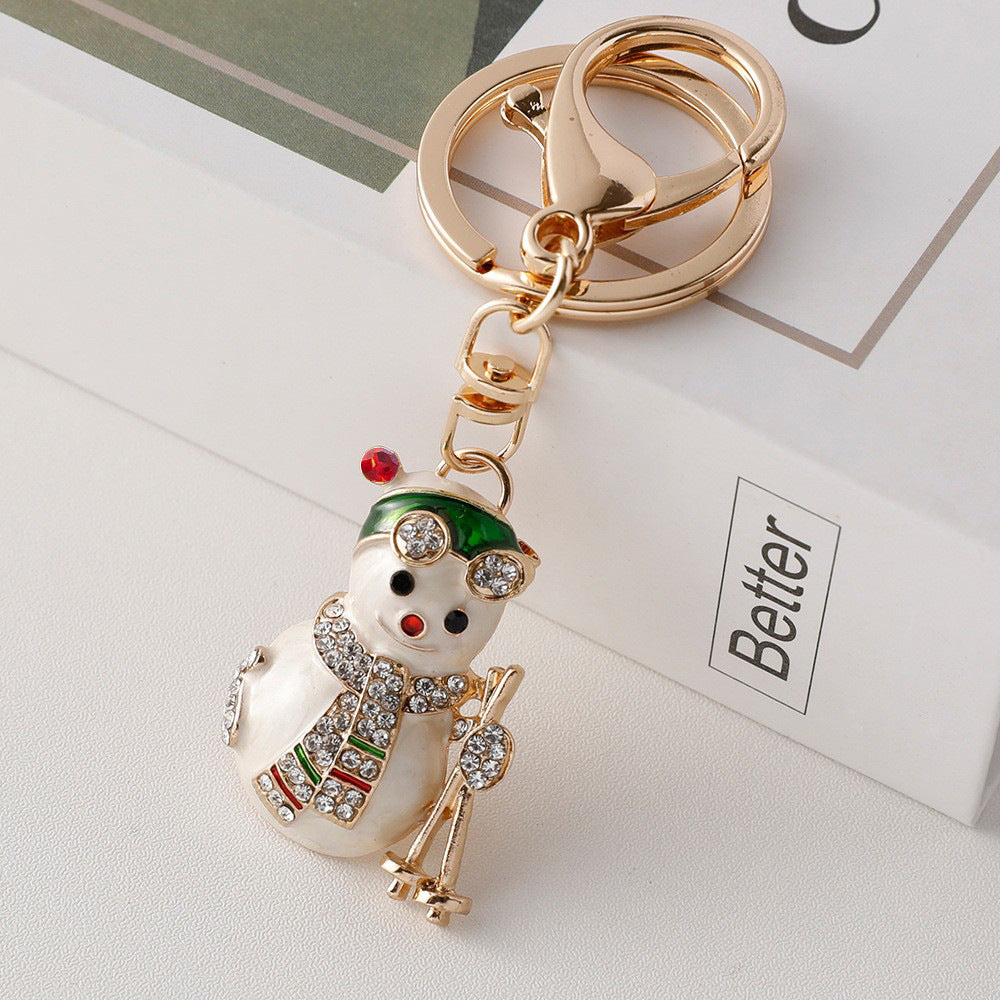 Rhinestone Enamel Christmas Charm Bag Keychain - Snowman