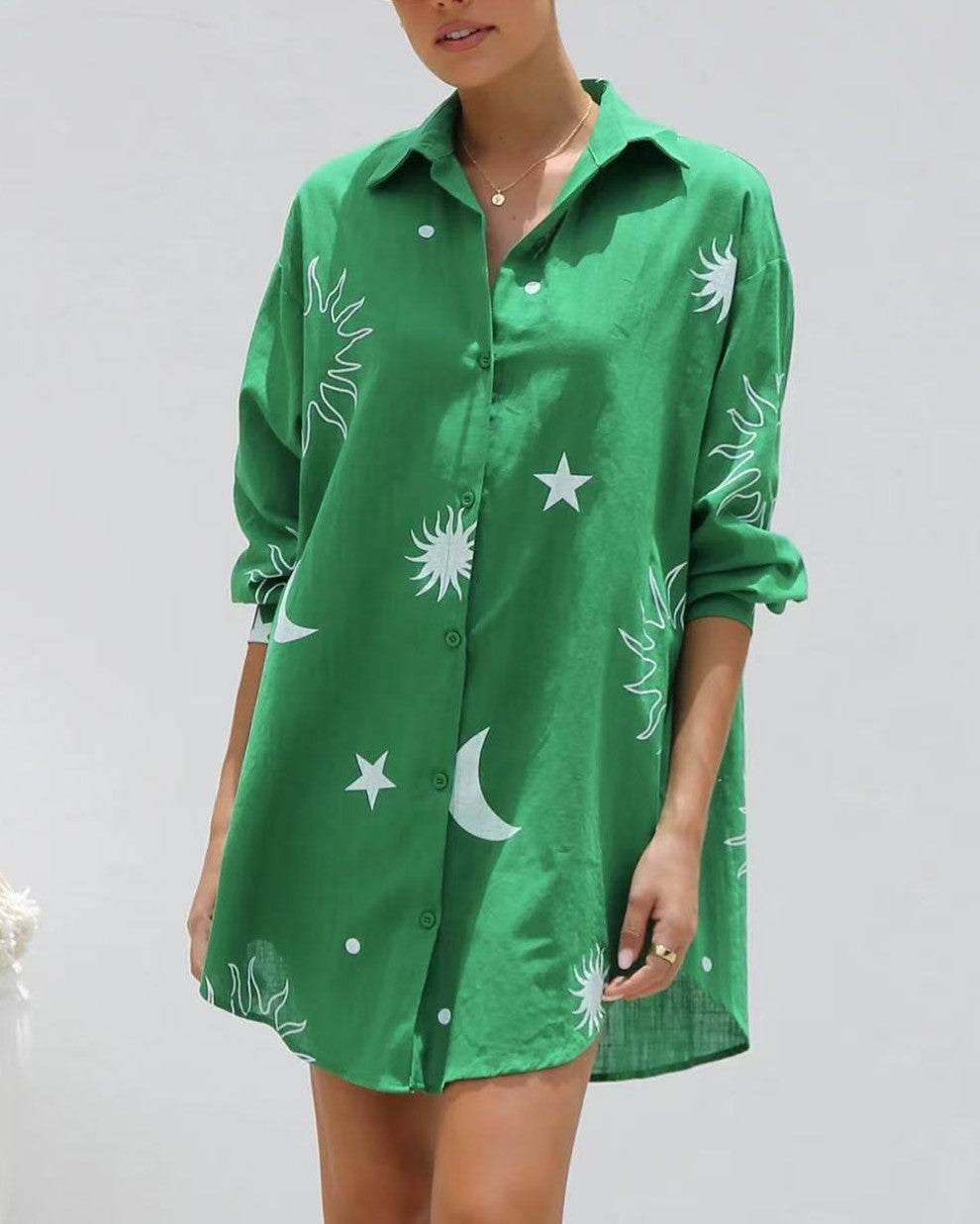 Celestial Print Oversized Shirt Dress - Green