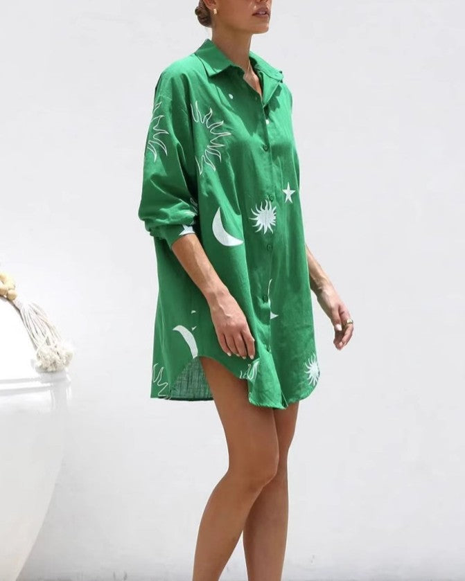 Celestial Print Oversized Shirt Dress - Green - 1