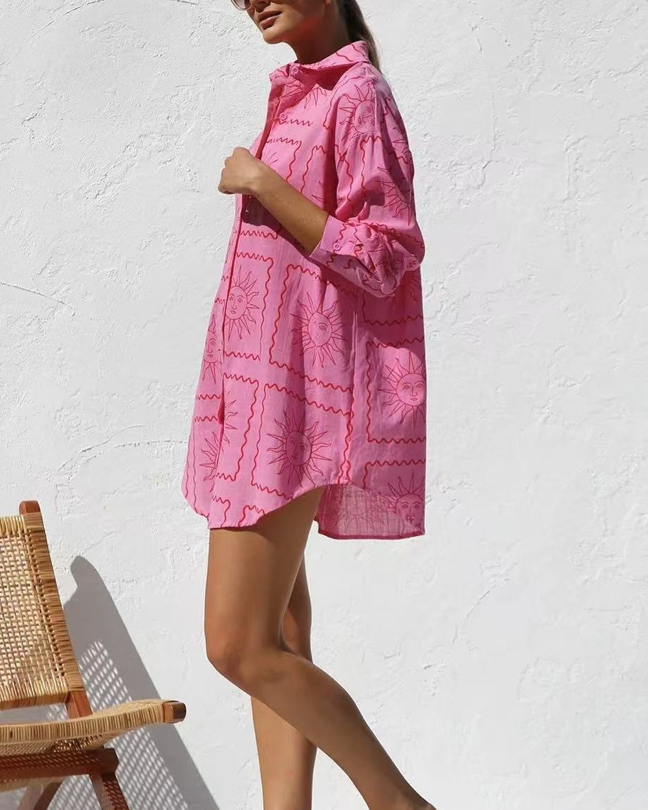 Celestial Print Oversized Shirt Dress - Green - 3