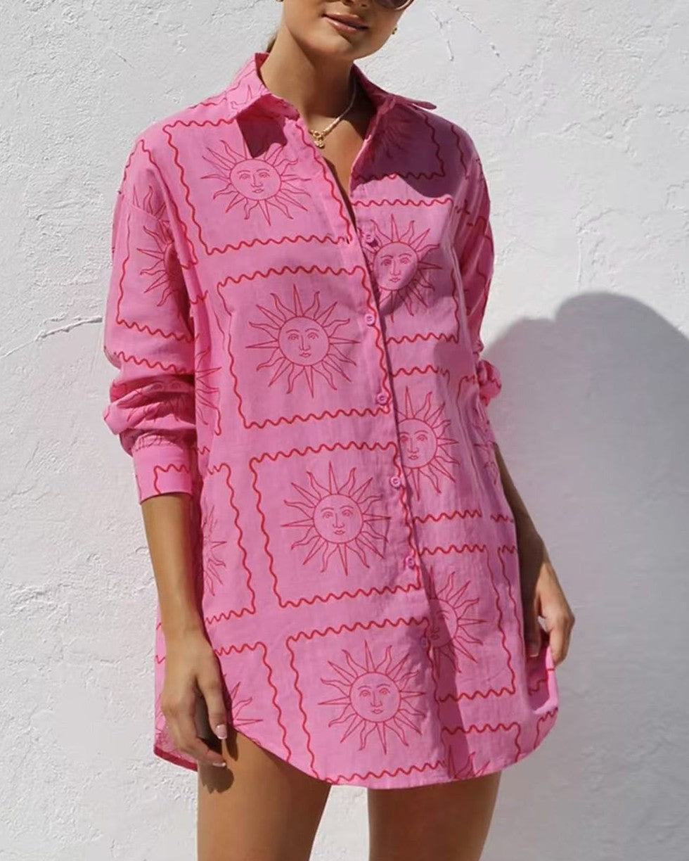 Celestial Print Oversized Shirt Dress - Pink