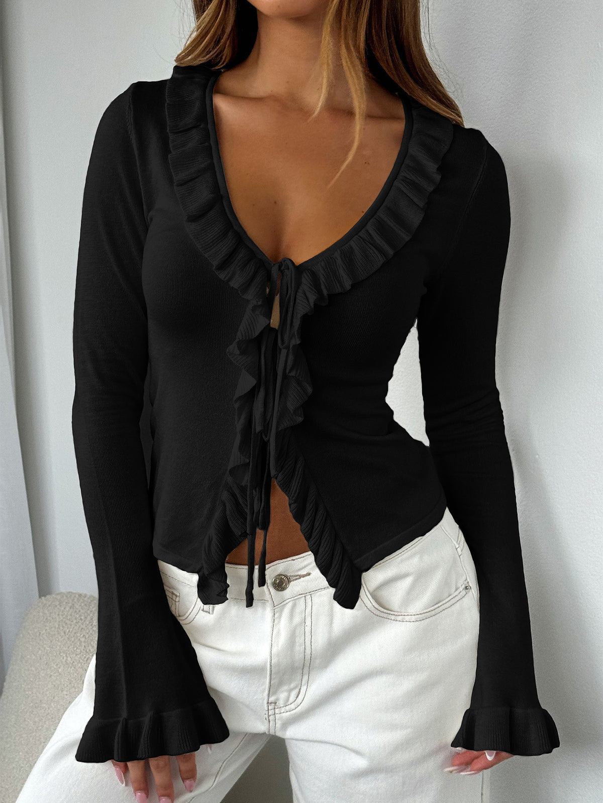 Ruffle Tie Front Flare Sleeve Knit Top - Black