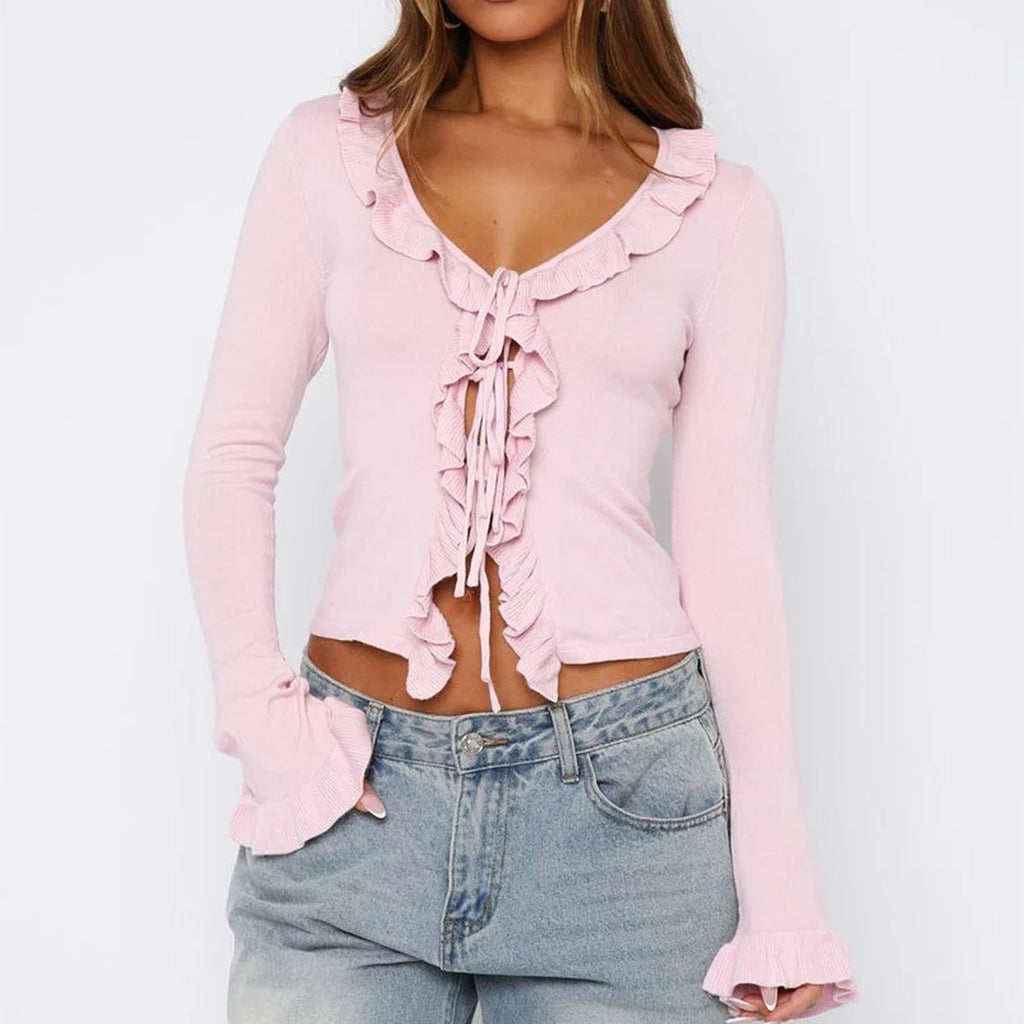 Ruffle Tie Front Flare Sleeve Knit Top - Pink