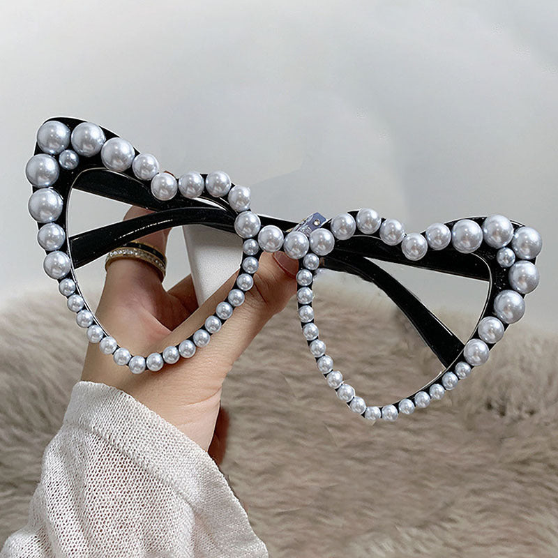 Faux Pearl Studded Heart Frame Sunglasses - Black_W