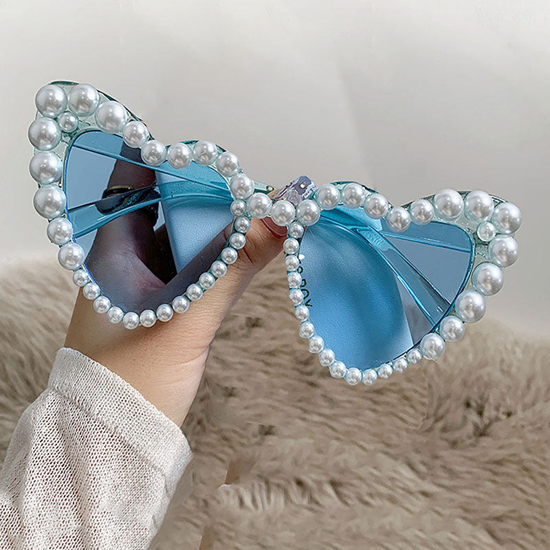 Faux Pearl Studded Heart Frame Sunglasses - Blue
