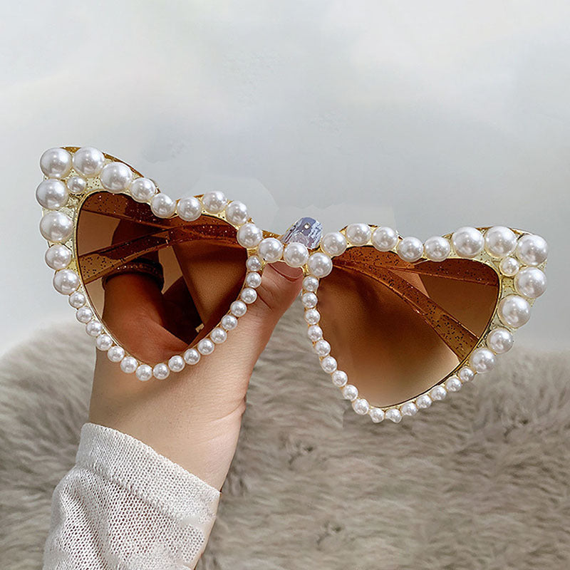 Faux Pearl Studded Heart Frame Sunglasses - Coffee