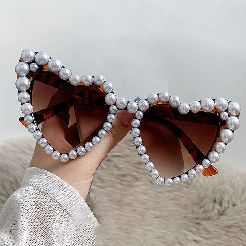 Faux Pearl Studded Heart Frame Sunglasses - Leopard