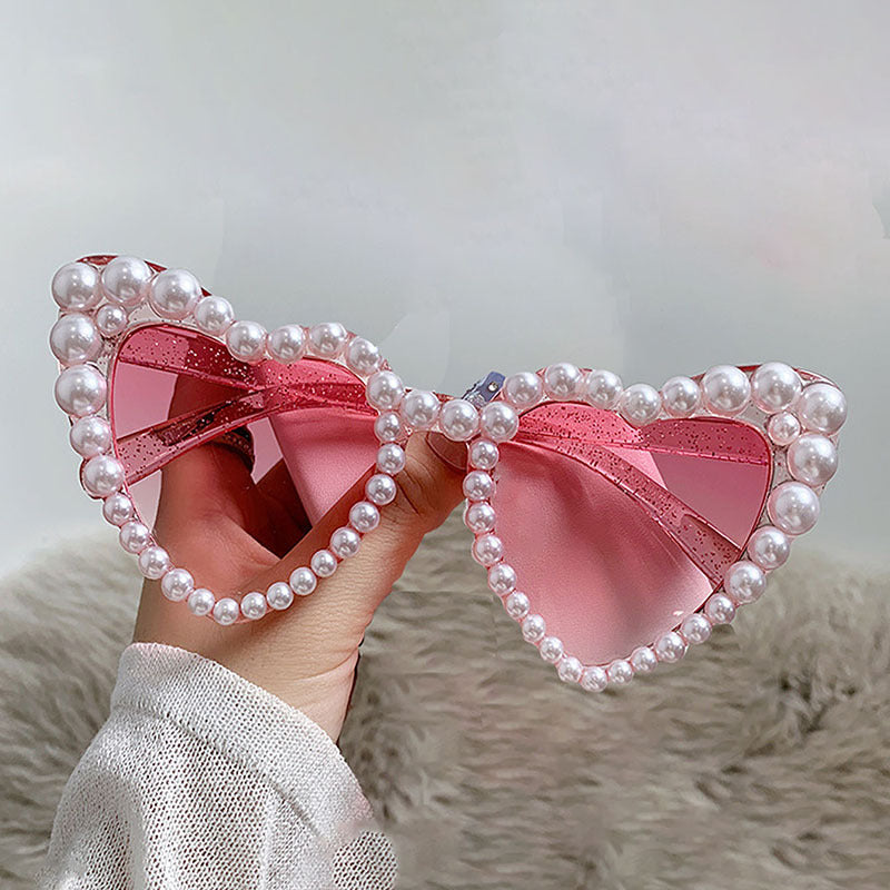 Faux Pearl Studded Heart Frame Sunglasses - Pink